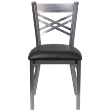 Load image into Gallery viewer, Clear Coated ''X'' Back Metal Restaurant Chair - Black Vinyl Seat