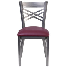 Load image into Gallery viewer, Clear Coated ''X'' Back Metal Restaurant Chair - Burgundy Vinyl Seat
