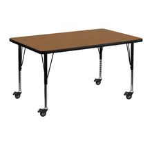 Load image into Gallery viewer, Rectangular table with a brown top and black legs on wheels against a white background