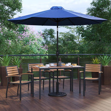 Load image into Gallery viewer, 7 Piece Table Set with 4 Stackable Chairs, 30" x 48" Table, Navy Umbrella, Base