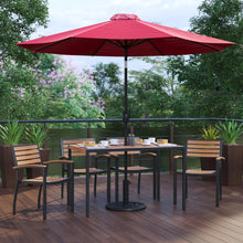 Load image into Gallery viewer, 7 Piece Table Set with 4 Stackable Chairs, 30" x 48" Table, Red Umbrella, Base