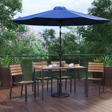 Load image into Gallery viewer, 7 Piece Patio Set - 4 Stacking Chairs, 30" x 48" Table, Navy Umbrella, Base