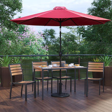 Load image into Gallery viewer, 7 Piece Patio Set - 4 Stacking Chairs, 30" x 48" Table, Red Umbrella, Base