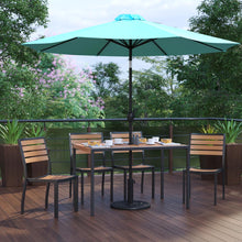 Load image into Gallery viewer, 7 Piece Patio Set - 4 Stacking Chairs, 30" x 48" Table, Teal Umbrella, Base