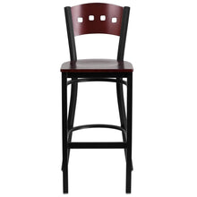 Load image into Gallery viewer, Black 4 Square Back Metal Restaurant Barstool - Mahogany Wood Back & Seat