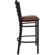 Load image into Gallery viewer, Black Ladder Back Metal Restaurant Barstool - Burgundy Vinyl Seat