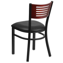 Load image into Gallery viewer, Black Slat Back Metal Restaurant Chair - Mahogany Wood Back, Black Vinyl Seat