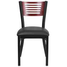 Load image into Gallery viewer, Black Slat Back Metal Restaurant Chair - Mahogany Wood Back, Black Vinyl Seat