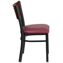 Load image into Gallery viewer, Black Slat Back Metal Restaurant Chair - Mahogany Wood Back, Burgundy Vinyl Seat