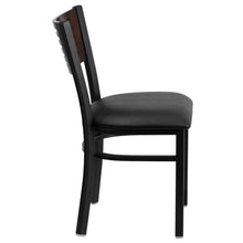 Load image into Gallery viewer, Black Slat Back Metal Restaurant Chair - Walnut Wood Back, Black Vinyl Seat