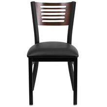 Load image into Gallery viewer, Black Slat Back Metal Restaurant Chair - Walnut Wood Back, Black Vinyl Seat
