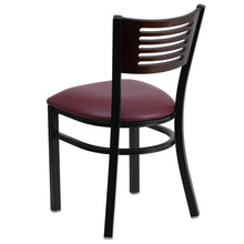 Load image into Gallery viewer, Black Slat Back Metal Restaurant Chair - Walnut Wood Back, Burgundy Vinyl Seat