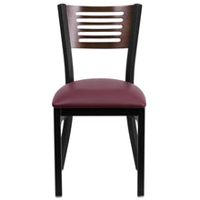 Load image into Gallery viewer, Black Slat Back Metal Restaurant Chair - Walnut Wood Back, Burgundy Vinyl Seat