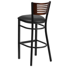 Load image into Gallery viewer, Black Slat Back Metal Restaurant Barstool - Walnut Wood Back, Black Vinyl Seat