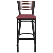 Load image into Gallery viewer, Back Metal Restaurant Barstool - Walnut Wood Back, Burgundy Vinyl Seat
