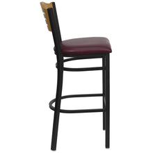 Load image into Gallery viewer, Back Metal Restaurant Barstool - Natural Wood Back, Burgundy Vinyl Seat