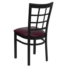 Load image into Gallery viewer, Black Window Back Metal Restaurant Chair - Burgundy Vinyl Seat