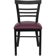 Load image into Gallery viewer, Black Three-Slat Ladder Back Metal Restaurant Chair - Burgundy Vinyl Seat