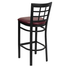 Load image into Gallery viewer, Black Window Back Metal Restaurant Barstool - Burgundy Vinyl Seat