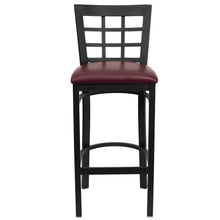 Load image into Gallery viewer, Black Window Back Metal Restaurant Barstool - Burgundy Vinyl Seat
