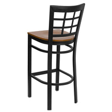 Load image into Gallery viewer, Black Window Back Metal Restaurant Barstool - Cherry Wood Seat