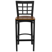 Load image into Gallery viewer, Black Window Back Metal Restaurant Barstool - Cherry Wood Seat