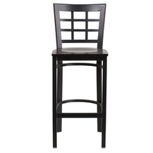 Load image into Gallery viewer, Black Window Back Metal Restaurant Barstool - Walnut Wood Seat