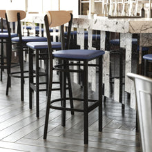 Load image into Gallery viewer, Barstool, Natural Birch Finish Wooden Boomerang Back, and Blue Vinyl Seat
