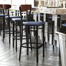 Load image into Gallery viewer, Barstool, Wooden Boomerang Back, and Blue Vinyl Seat