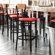 Load image into Gallery viewer, Barstool, Natural Birch Finish Wooden Boomerang Back, and Red Vinyl Seat