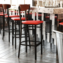 Load image into Gallery viewer, Barstool, Wooden Boomerang Back, and Red Vinyl Seat