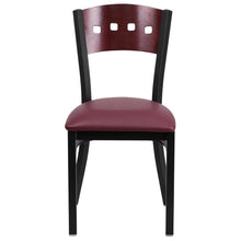Load image into Gallery viewer, Black 4 Back Metal Restaurant Chair - Mahogany Wood Back, Burgundy Vinyl Seat