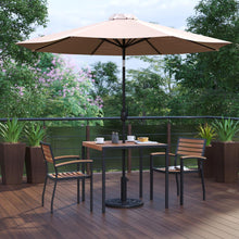 Load image into Gallery viewer, 5 Piece Patio Table Set with 2 Stackable Chairs, 35" Table, Tan Umbrella, Base