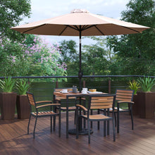Load image into Gallery viewer, 7 Piece Patio Table Set with 4 Stackable Chairs, 35" Table, Tan Umbrella, Base
