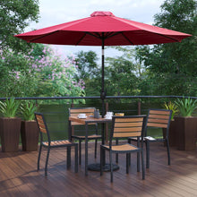 Load image into Gallery viewer, 7 Piece Patio Set - 4 Stacking Chairs, 35" Table, Red Umbrella, Base