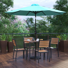 Load image into Gallery viewer, 7 Piece Patio Set-4 Stacking Chairs, 35" Table, Teal Umbrella, Base