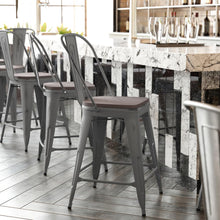 Load image into Gallery viewer, 24'' High Clear Coated Indoor Counter Height Stool and Gray Poly Resin Wood Seat