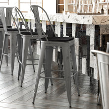 Load image into Gallery viewer, 30'' High Clear Coated Indoor Barstool with Back and Black Poly Resin Wood Seat