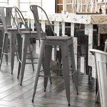 Load image into Gallery viewer, 30'' High Clear Coated Indoor Barstool with Back and Gray Poly Resin Wood Seat