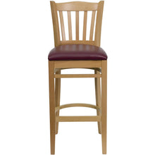 Load image into Gallery viewer, Vertical Slat Back Natural Wood Restaurant Barstool - Burgundy Vinyl Seat