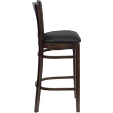 Load image into Gallery viewer, Vertical Slat Back Walnut Wood Restaurant Barstool - Black Vinyl Seat