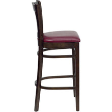Load image into Gallery viewer, Vertical Slat Back Walnut Wood Restaurant Barstool - Burgundy Vinyl Seat