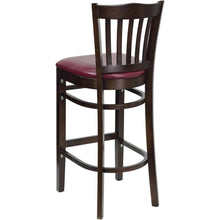 Load image into Gallery viewer, Vertical Slat Back Walnut Wood Restaurant Barstool - Burgundy Vinyl Seat