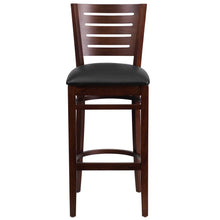 Load image into Gallery viewer, Slat Back Walnut Wood Restaurant Barstool - Black Vinyl Seat