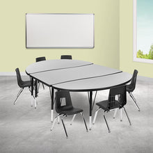 Load image into Gallery viewer, 76" Oval Wave Activity Table Set with 12" Student Stack Chairs, Grey/Black