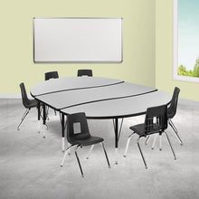 Load image into Gallery viewer, 86" Oval Wave Activity Table Set with 14" Student Stack Chairs, Grey/Black