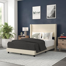 Load image into Gallery viewer, Full Upholstered Platform Bed with Wingback Headboard, Beige Faux Linen