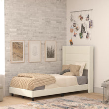Load image into Gallery viewer, Twin Upholstered Platform Bed with Wingback Headboard, Beige Faux Linen
