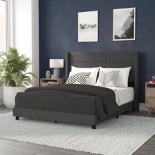 Load image into Gallery viewer, Queen Upholstered Platform Bed with Wingback Headboard, Charcoal Faux Linen