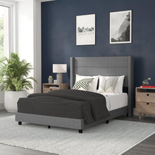 Load image into Gallery viewer, Full Upholstered Platform Bed with Wingback Headboard, Gray Faux Linen